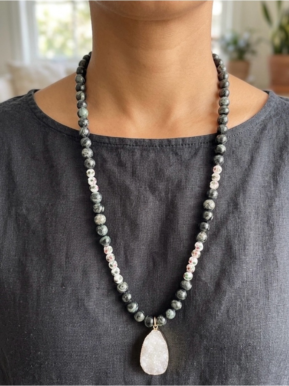 NEW Mary Kent Designs Green Kambaba Jasper, Wedding Cake, White Quartz Necklace